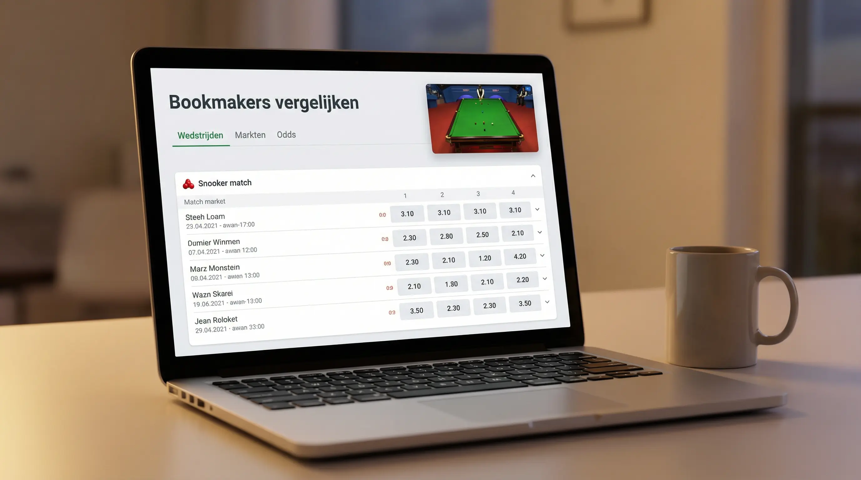 Laptop met snooker wedden interface en livestream