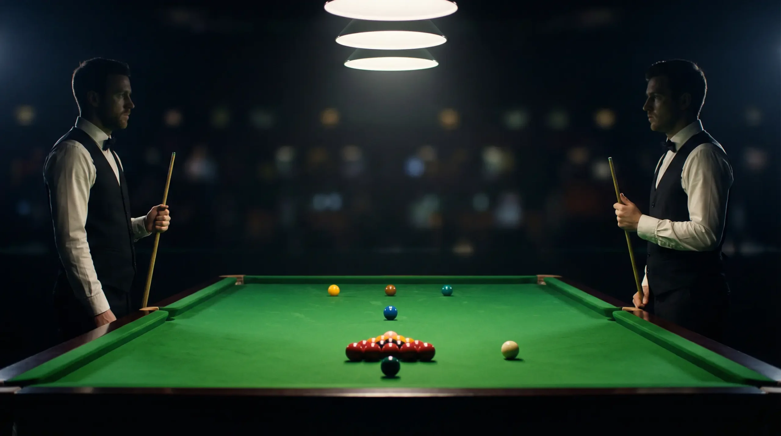 Twee snookerspelers tegenover elkaar aan de tafel