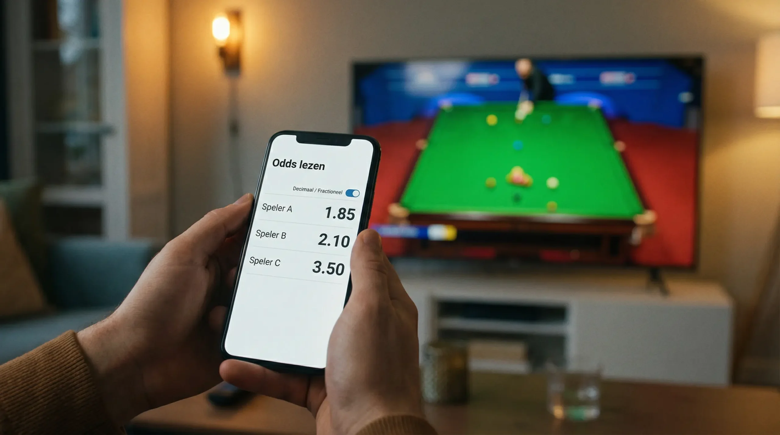 Snooker odds op een scherm met decimale notatie