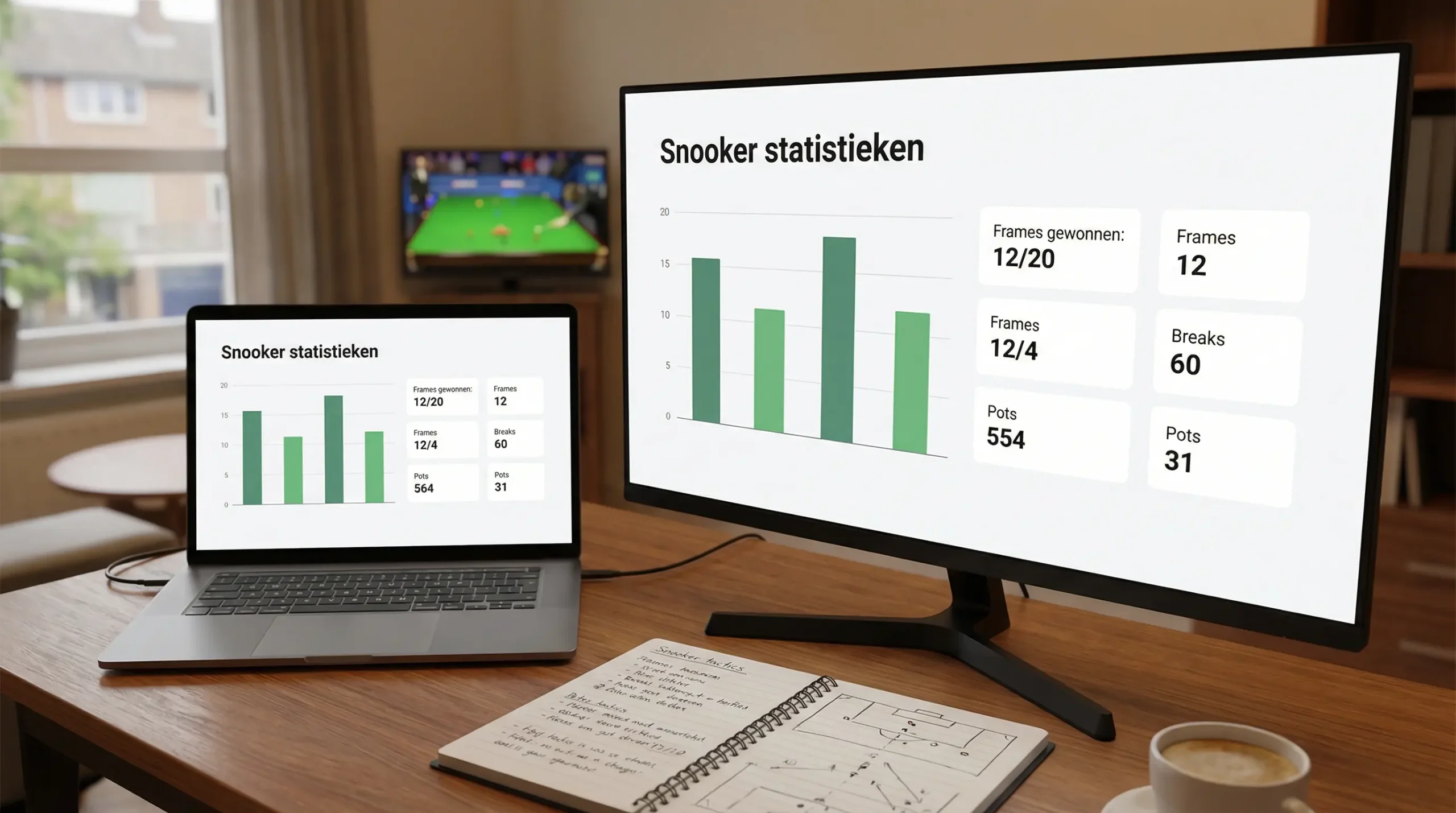 Snooker statistieken dashboard op computerscherm